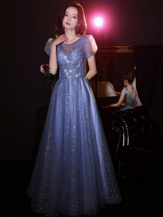 Evening Dress Blue Gray A-Line Jewel Neck Lace Applique Lace Up Floor-Length Formal Party Dresses