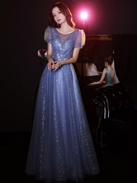 Evening Dress Blue Gray A-Line Jewel Neck Lace Applique Lace Up Floor-Length Formal Party Dresses