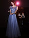 Evening Dress Blue Gray A-Line Jewel Neck Lace Applique Lace Up Floor-Length Formal Party Dresses