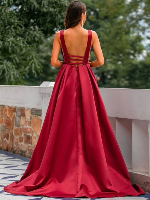 Evening Dress Burgundy A-Line V-Neck Backless Satin Fabric With Train Long Formal Party Dresses