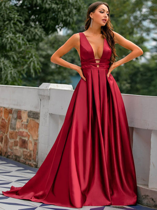 Evening Dress Burgundy A-Line V-Neck Backless Satin Fabric With Train Long Formal Party Dresses