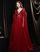 Evening Dress Burgundy A-Line V-Neck Tulle Social Gowns Long Pageant Dresses