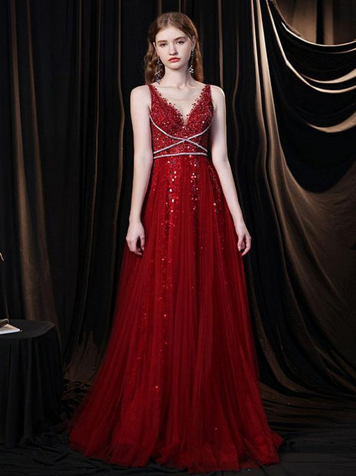 Evening Dress Burgundy A-Line V-Neck Tulle Social Gowns Long Pageant Dresses