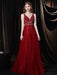 Evening Dress Burgundy A-Line V-Neck Tulle Social Gowns Long Pageant Dresses