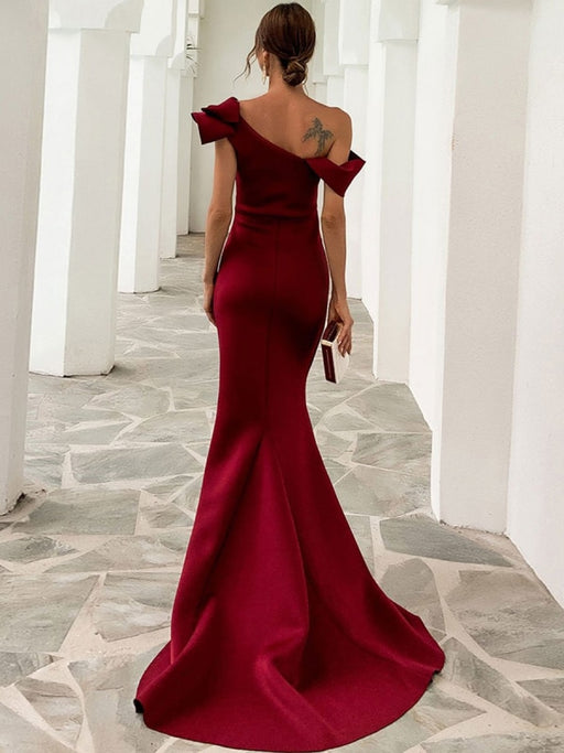 Evening Dress Burgundy Mermaid One-Shoulder With Train Sleeveless Backless Satin Fabric Social Party Dresses