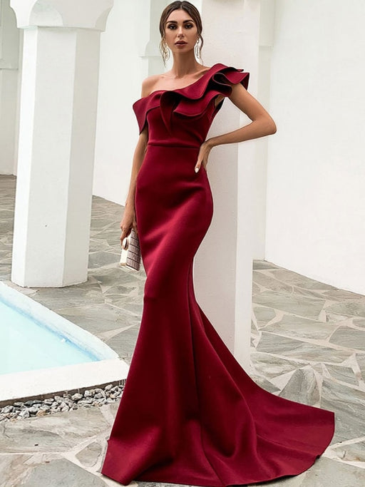Evening Dress Burgundy Mermaid One-Shoulder With Train Sleeveless Backless Satin Fabric Social Party Dresses