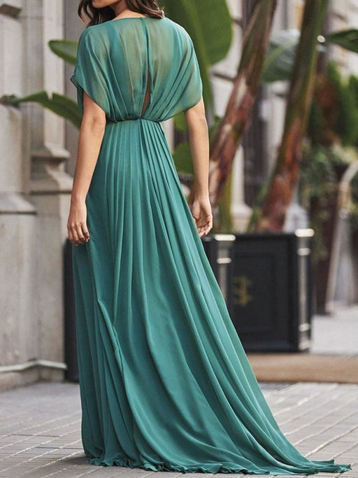 Evening Dress Cyan Blue A-Line V-Neck Chiffon With Train Split Front Formal Party Dresses