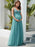 Evening Dress Cyan Blue A-Line V-Neck Sleeveless Tulle Floor-Length Lace Formal Party Dresses