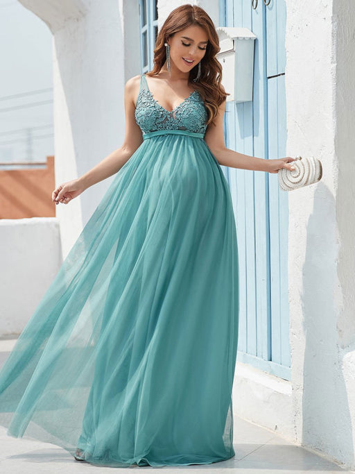 Cyan Blue A-Line Lace Tulle Evening Dress V-Neck | Bridelily Cyan Blue A-Line Lace Tulle Evening Dress V-Neck | Bridelily