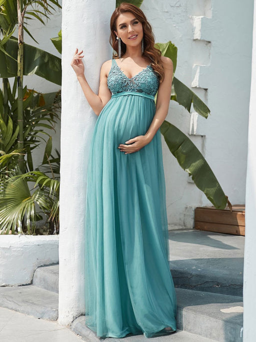Evening Dress Cyan Blue A-Line V-Neck Sleeveless Tulle Floor-Length Lace Formal Party Dresses