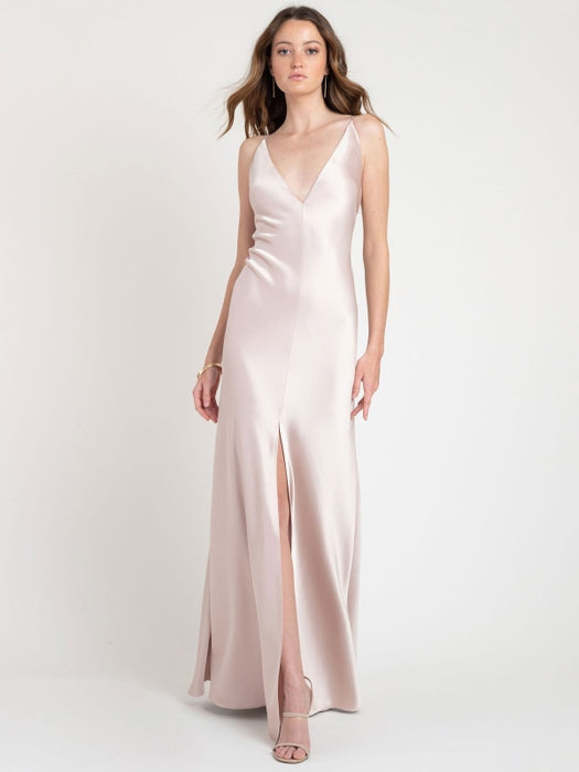 Evening Dress Flesh Color A-Line V-Neck Sleeveless Backless Matte Satin Floor-Length Split Front Formal Party Dresses