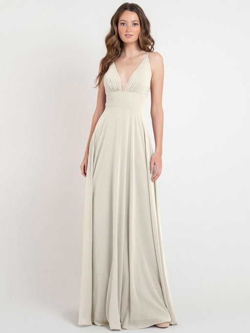 Evening Dress Flesh Color A-Line V-Neck Sleeveless Floor-Length Pleated Chiffon Formal Dinner Dresses