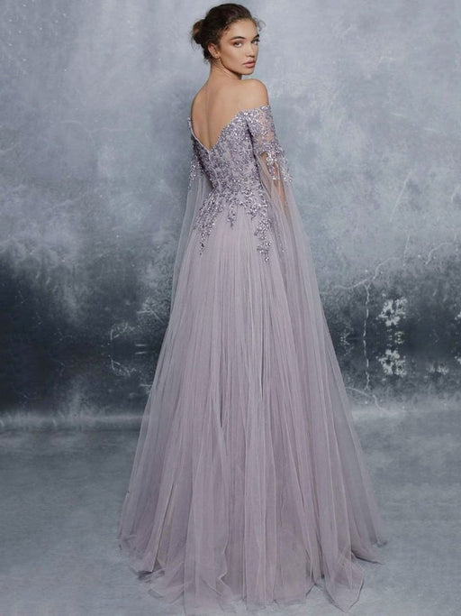 Evening Dress Lavender A-Line Bateau Neck Long Sleeves Tulle Floor-Length Formal Dinner Dresses