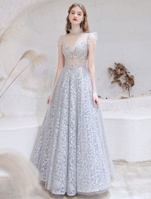 Evening Dress Light Grey A Line Jewel Neck Floor Length Formal Party Dresses Pageant Dress