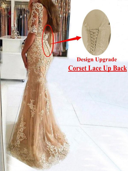 Evening Dress Mermaid Illusion Neckline Lace Applique Formal Party Dresses With Train(APP ExclusivePrice  $182.99)