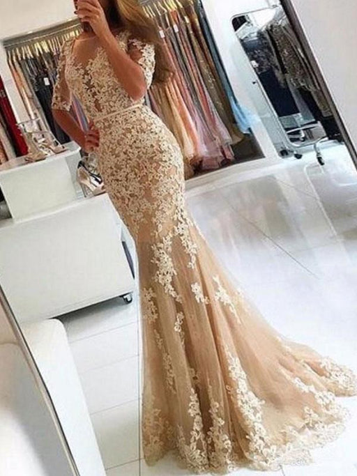 Evening Dress Mermaid Illusion Neckline Lace Applique Formal Party Dresses With Train(APP ExclusivePrice  $182.99)
