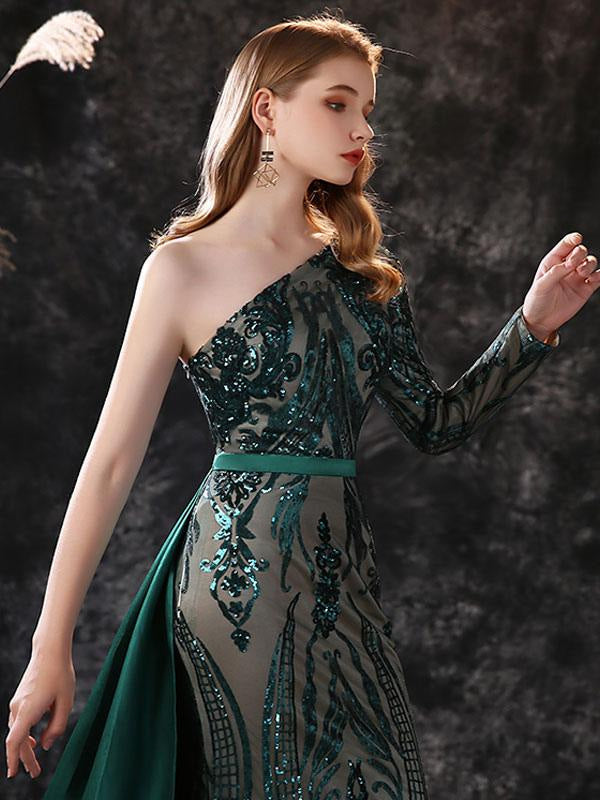 Evening Dress Mermaid One-Shoulder With Train Long Sleeves Zipper Lace —  Bridelily
