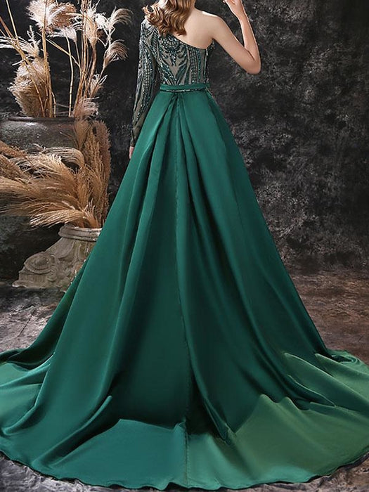 Evening Dress Mermaid One-Shoulder With Train Long Sleeves Zipper Lace Lace Formal Dinner Dresses(APP ExclusivePrice  $149.99)