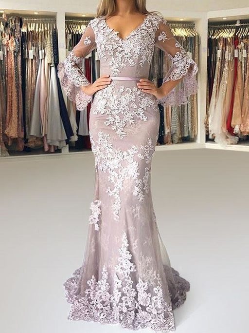 Evening Dress Mermaid V Neck Long Sleeves Zipper Lace Satin Fabric Formal Party Dresses With Train(APP ExclusivePrice  $162.99)