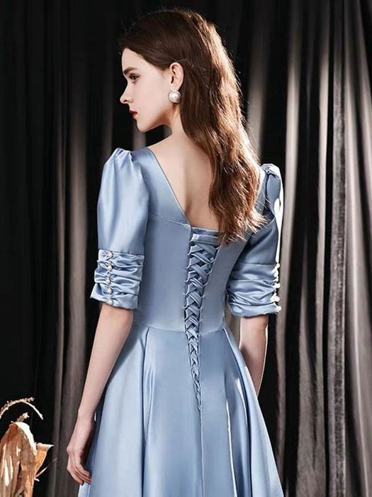 Evening Dress Mint Blue A-Line Square Neck Floor-Length Half Sleeves Lace-up Pageant Dress