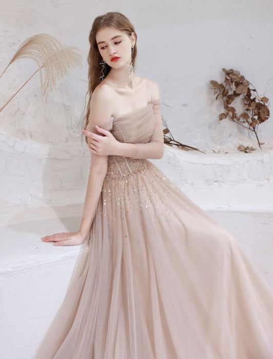 Evening Dress Nude Color A Line Bateau Neck Floor Length Sequins Forma Bridelily Evening Dress Nude Color A Line Bateau Neck Floor Length Sequins Forma Bridelily