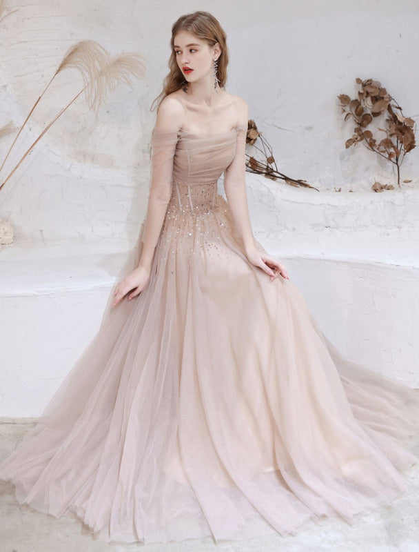 Evening Dress Nude Color A Line Bateau Neck Floor Length Sequins Forma — Bridelily