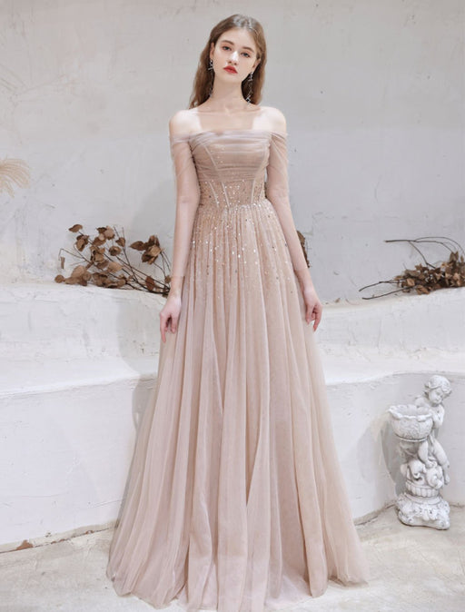 Evening Dress Nude Color A Line Bateau Neck Floor Length Sequins Formal Party Dresses Pageant Dress