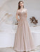 Evening Dress Nude Color A Line Bateau Neck Floor Length Short Sleeves Lace Up Sequins Formal Dinner Dresses Pageant Dress