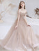 Evening Dress Nude Color A Line Bateau Neck Floor Length Short Sleeves Lace Up Sequins Formal Dinner Dresses Pageant Dress