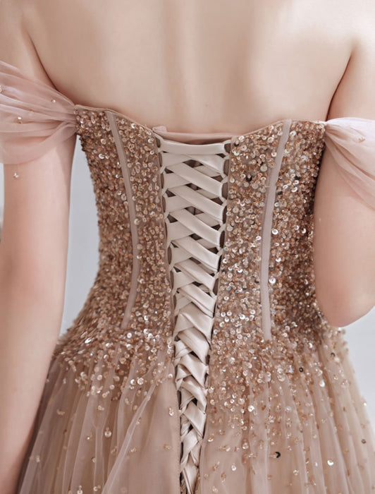 Evening Dress Nude Color A Line Bateau Neck Floor Length Short Sleeves Lace Up Sequins Formal Dinner Dresses Pageant Dress