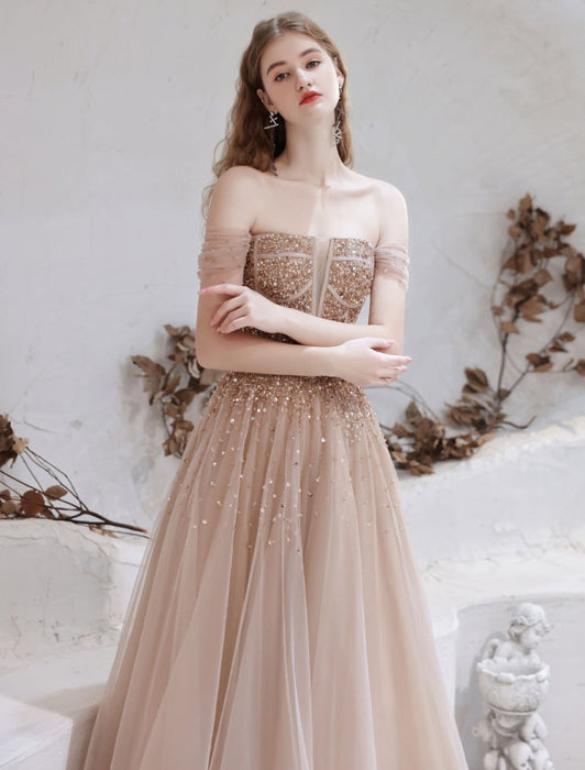Evening Dress Nude Color A Line Bateau Neck Floor Length Short Sleeves Lace Up Sequins Formal Dinner Dresses Pageant Dress