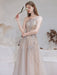 Evening Dress Nude Color A Line Bateau Neck With Train Sleeveless Zipper Formal Party Dresses Pageant Dress