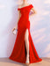 Evening Dress Red Ball Gown Off-The-Shoulder Short Sleeves Zipper Stretch Crepe Split Formal Party Dresses