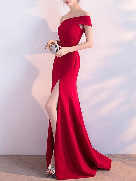 Evening Dress Red Ball Gown Off-The-Shoulder Short Sleeves Zipper Stretch Crepe Split Formal Party Dresses