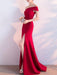 Evening Dress Red Ball Gown Off-The-Shoulder Short Sleeves Zipper Stretch Crepe Split Formal Party Dresses