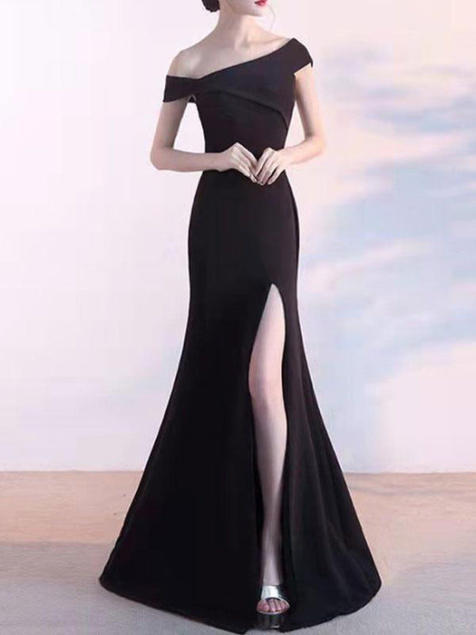 Evening Dress Red Ball Gown Off-The-Shoulder Short Sleeves Zipper Stretch Crepe Split Formal Party Dresses