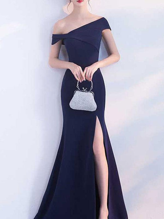 Evening Dress Red Ball Gown Off-The-Shoulder Short Sleeves Zipper Stretch Crepe Split Formal Party Dresses