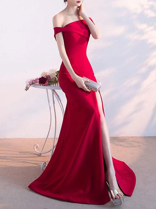Evening Dress Red Ball Gown Off-The-Shoulder Short Sleeves Zipper Stretch Crepe Split Formal Party Dresses