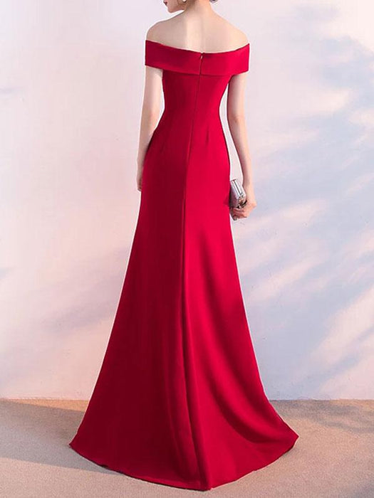 Evening Dress Red Ball Gown Off-The-Shoulder Short Sleeves Zipper Stretch Crepe Split Formal Party Dresses