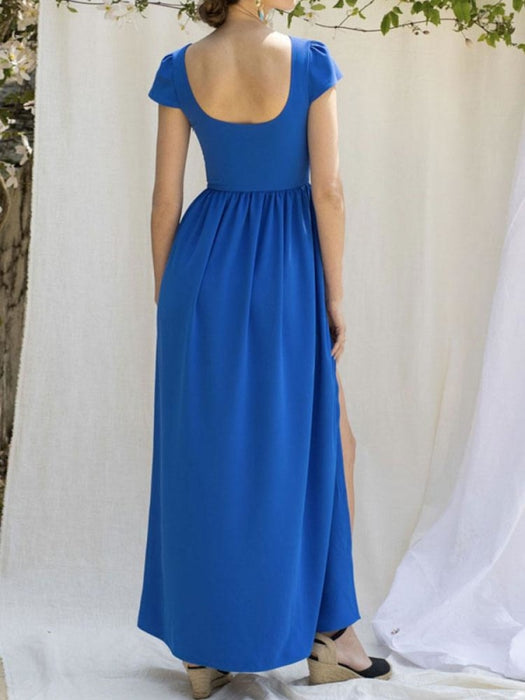 Evening Dress Royal Blue A-Line Jewel Neck Ankle-Length Short Sleeves Backless Split Front Stretch Crepe Social Party Dresses