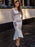 Evening Dress Sheath Square Neck Tea-Length Long Sleeves Zipper Ruffles Polyester White Formal Party Dresses