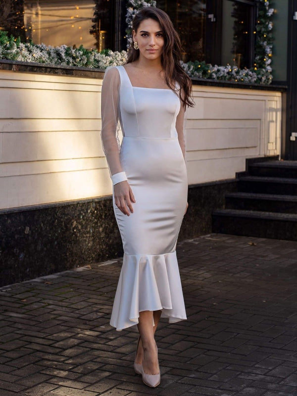 Evening Dress Sheath Square Neck Tea-Length Long Sleeves Zipper Ruffles Polyester White Formal Party Dresses