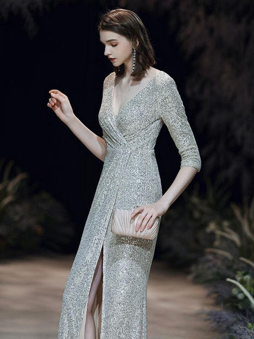 Evening Dress Sliver Sheath V-Neck Floor-Length Long Sleeves Zipper Pleated Sequined Formal Party Dresses