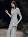 Evening Dress Sliver Sheath V-Neck Floor-Length Long Sleeves Zipper Pleated Sequined Formal Party Dresses