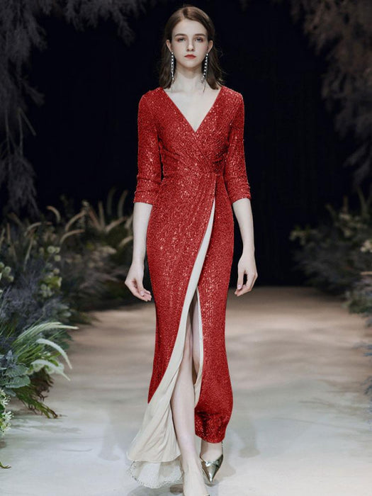 Evening Dress Sliver Sheath V-Neck Floor-Length Long Sleeves Zipper Pleated Sequined Formal Party Dresses