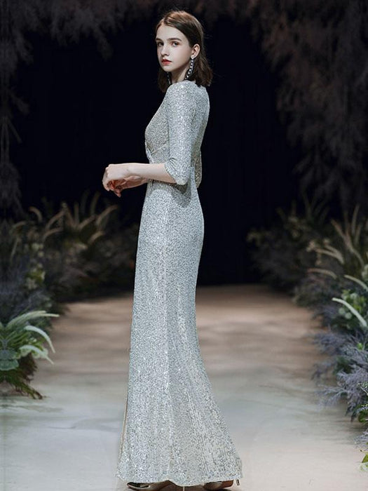 Evening Dress Sliver Sheath V-Neck Floor-Length Long Sleeves Zipper Pleated Sequined Formal Party Dresses