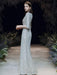Evening Dress Sliver Sheath V-Neck Floor-Length Long Sleeves Zipper Pleated Sequined Formal Party Dresses