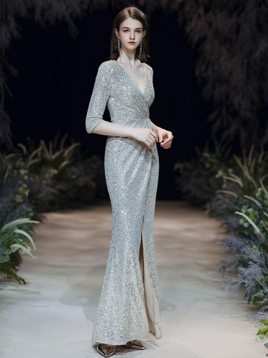 Evening Dress Sliver Sheath V-Neck Floor-Length Long Sleeves Zipper Pleated Sequined Formal Party Dresses