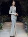 Evening Dress Sliver Sheath V-Neck Floor-Length Long Sleeves Zipper Pleated Sequined Formal Party Dresses