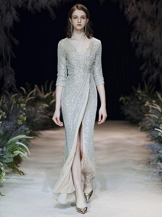 Evening Dress Sliver Sheath V-Neck Floor-Length Long Sleeves Zipper Pleated Sequined Formal Party Dresses